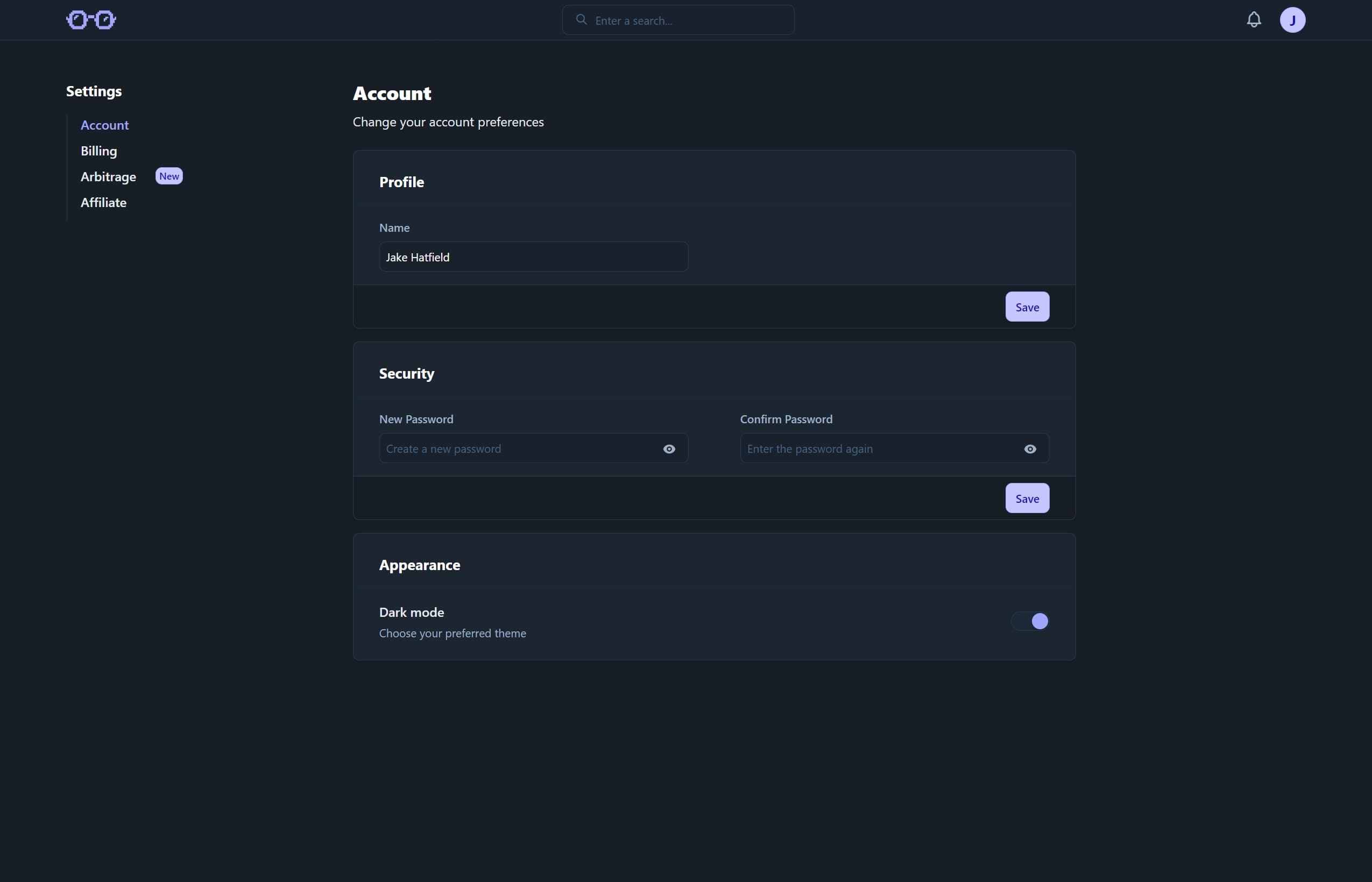 The account page (dark mode)