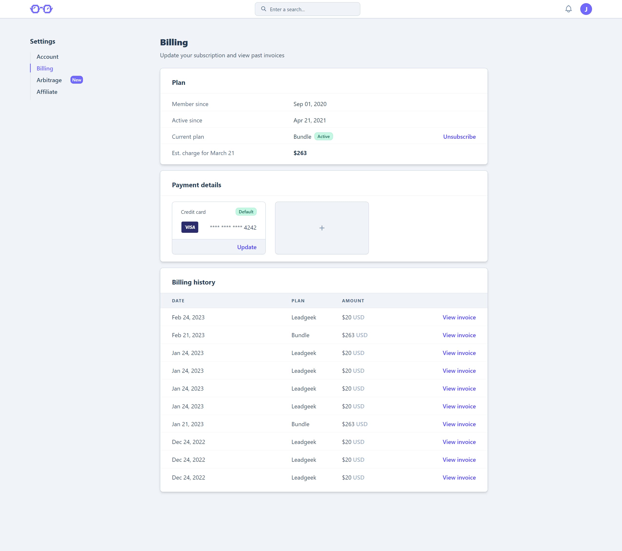 The billing page