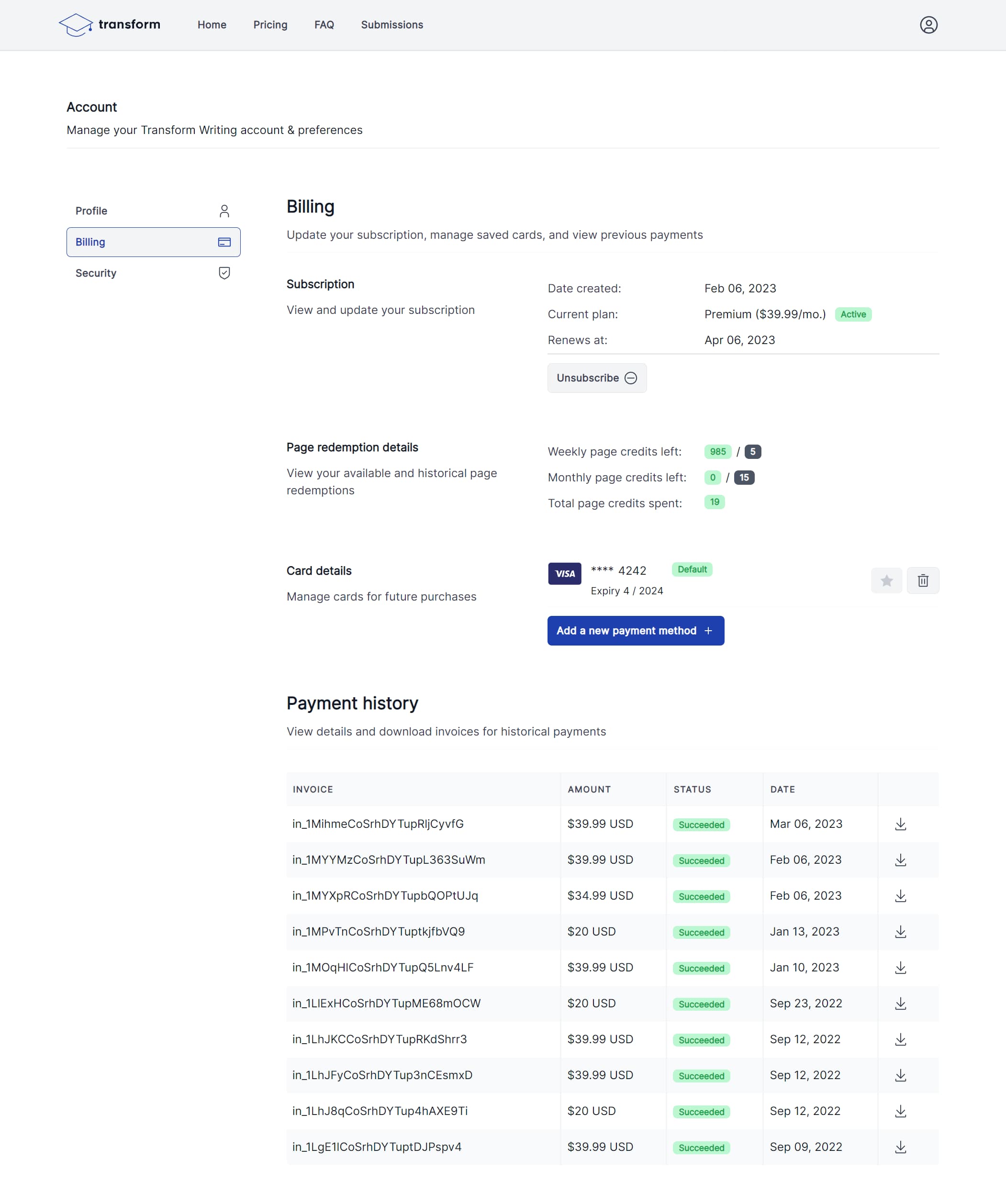 The billing page