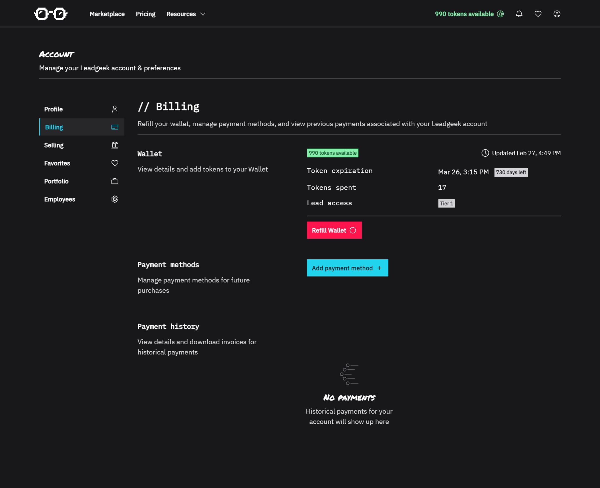 The billing page
