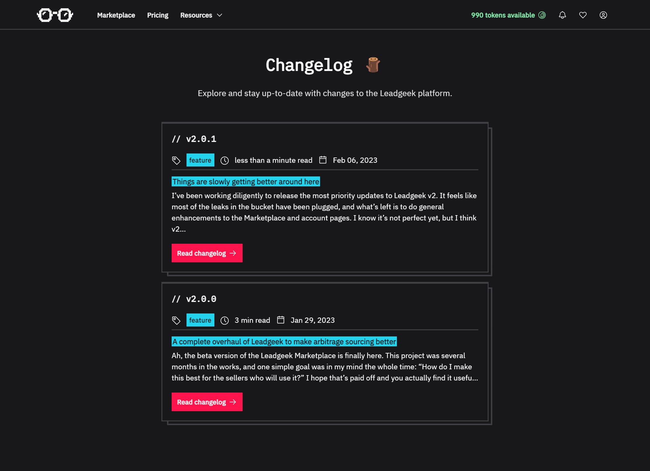 The changelog page