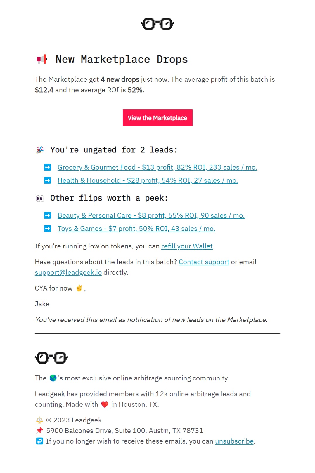 An example email that uses the Amazon SP-API to notify a user of their ungated products