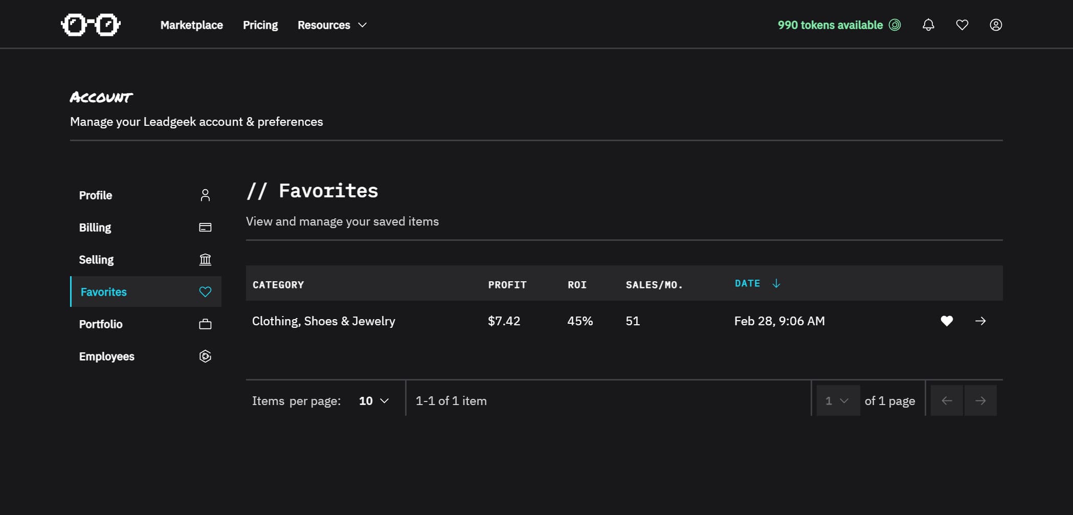 The favorites page