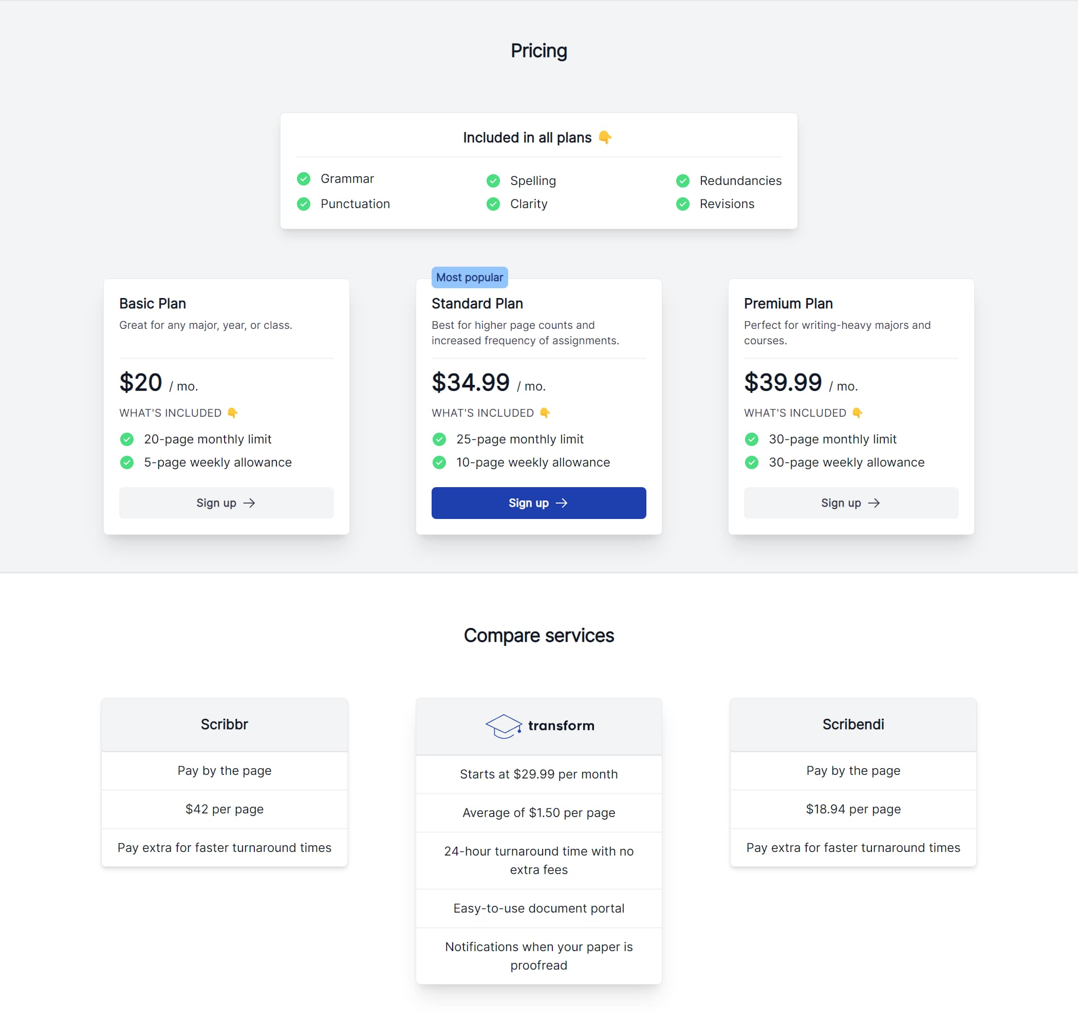 The home page's pricing section