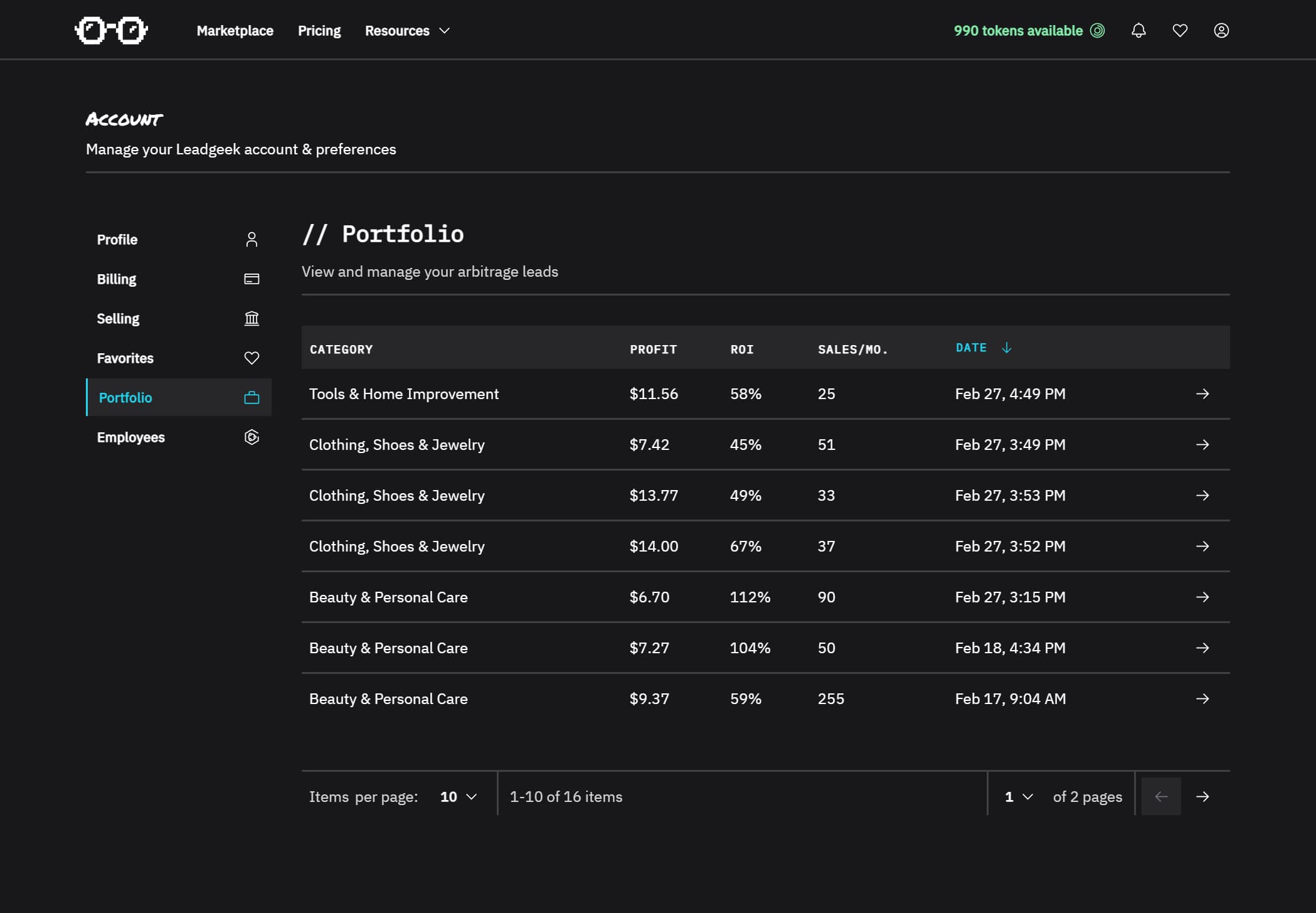 The portfolio page