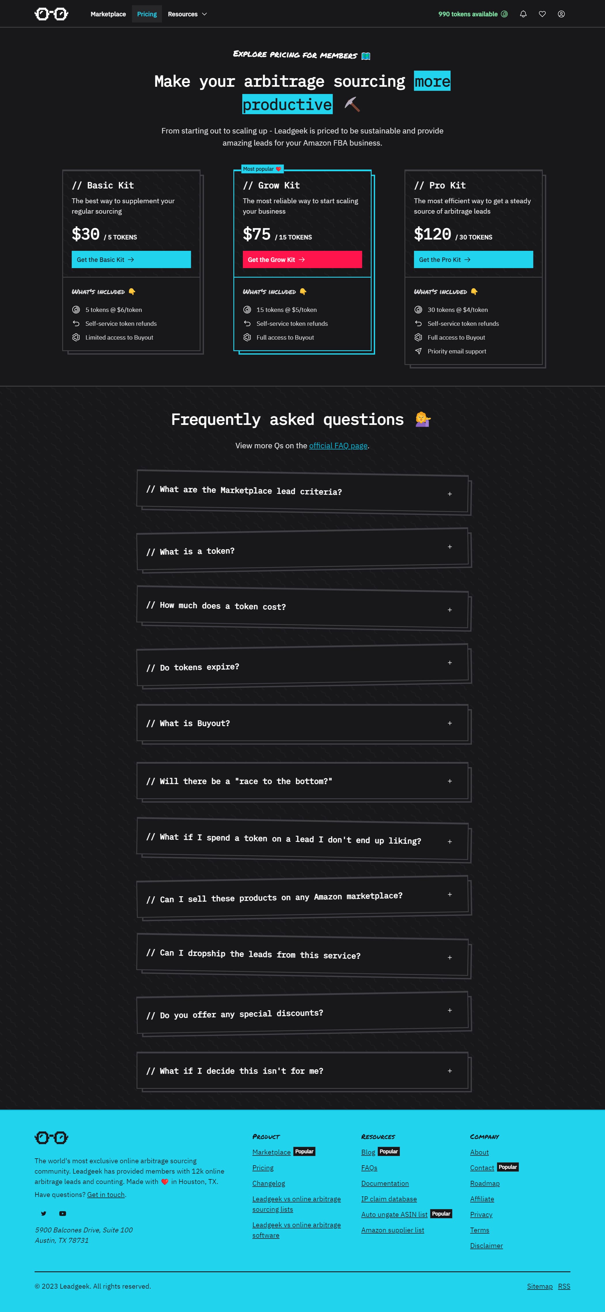 The pricing page