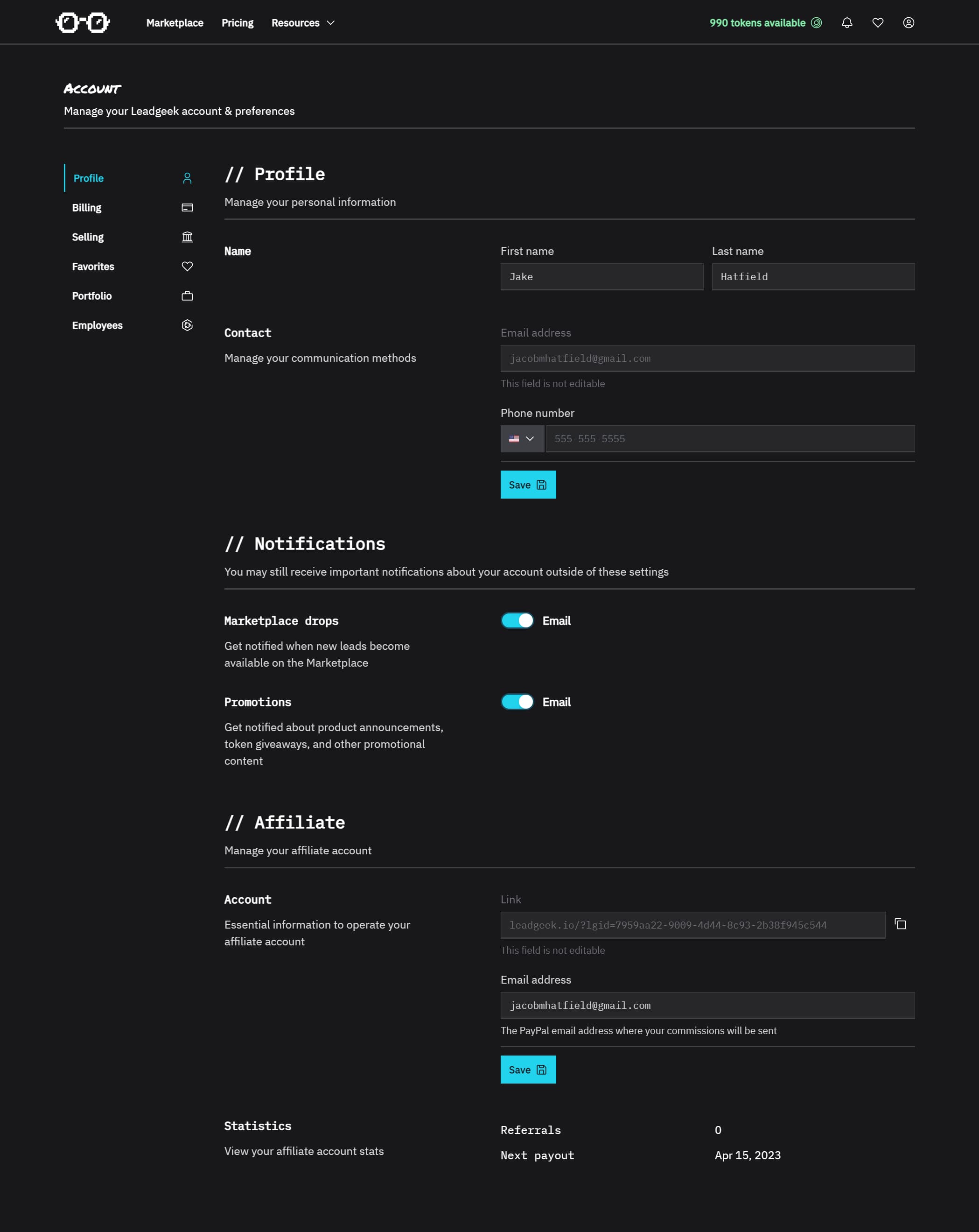 The profile page