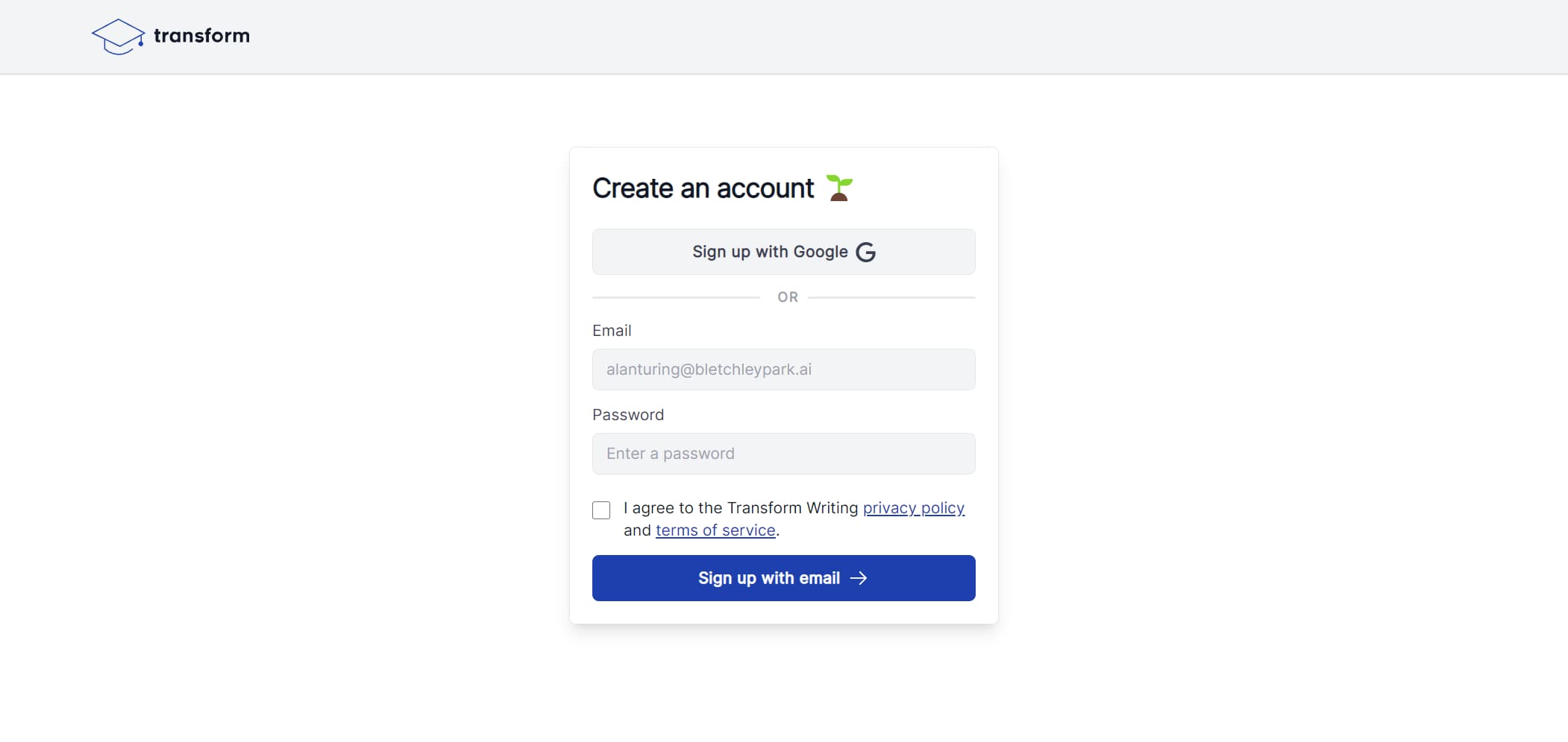 The sign up page