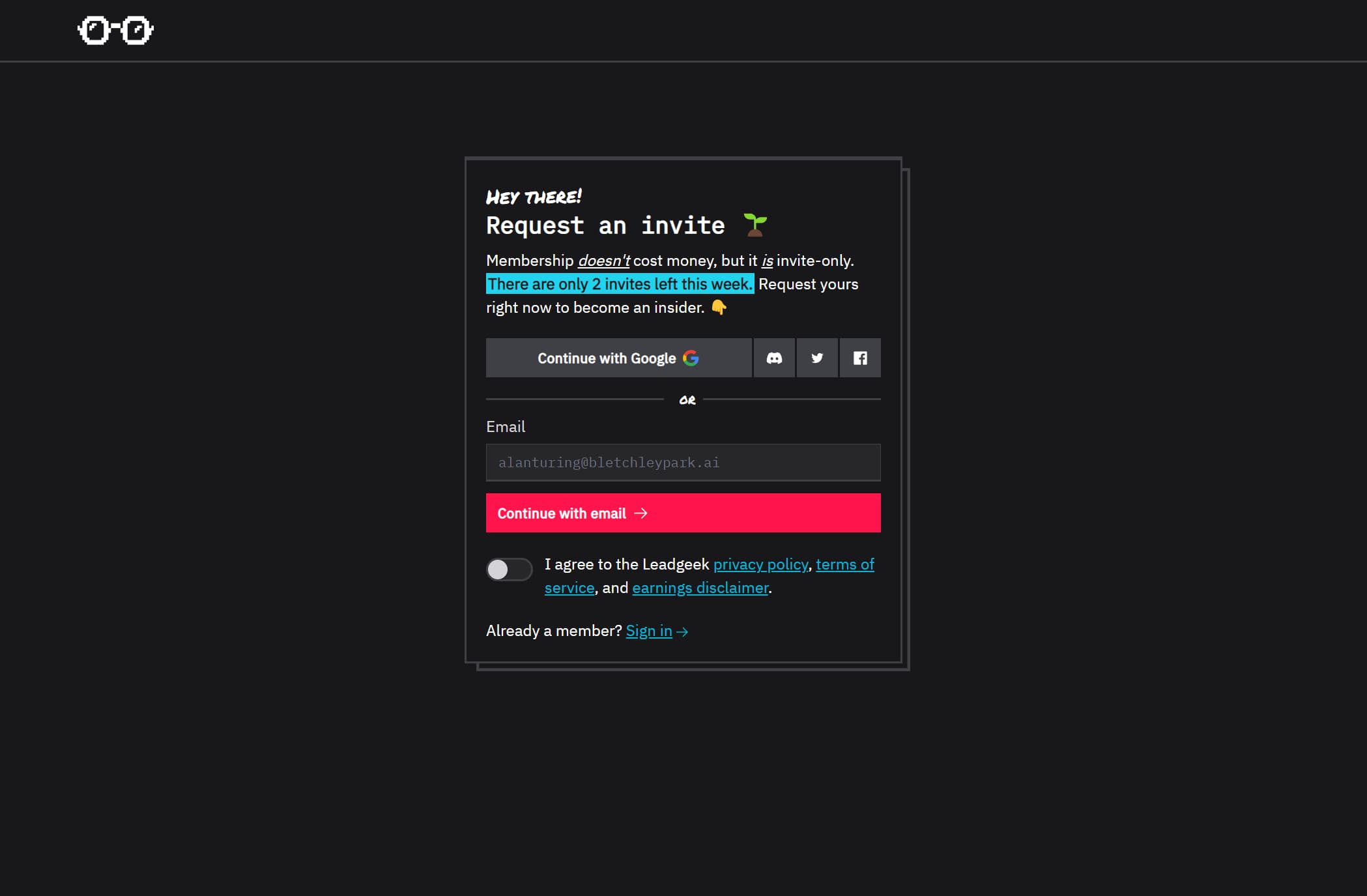 The sign up page