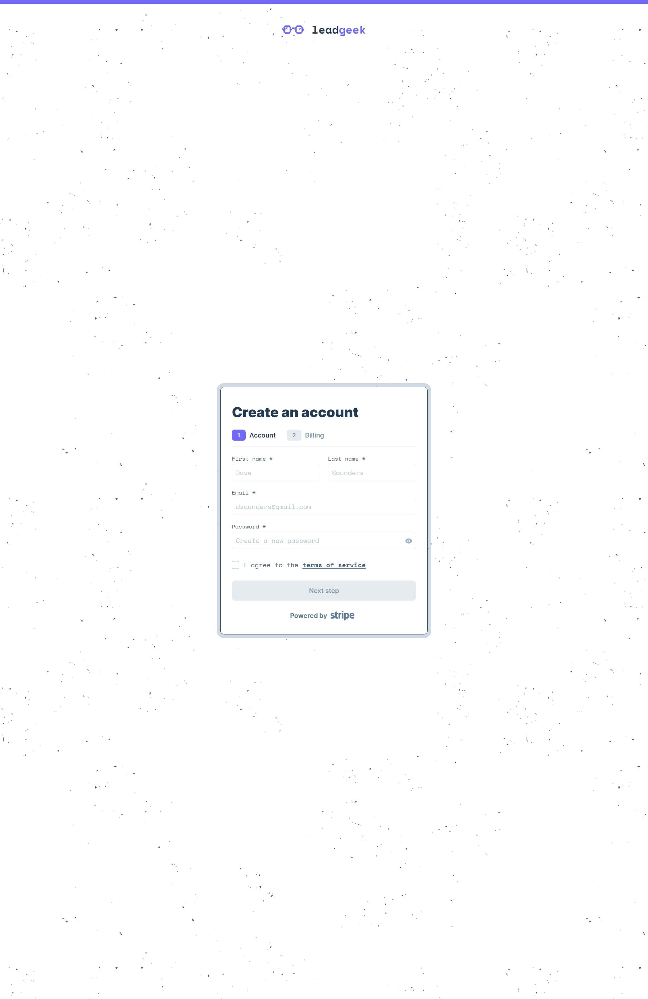 The sign up page