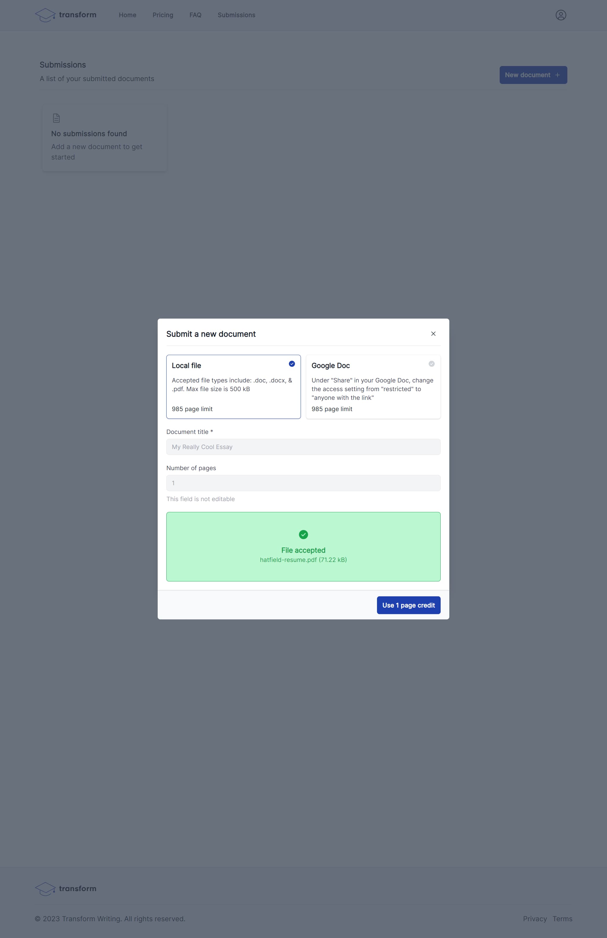 The submission page